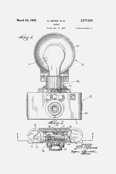 Vintage patent illustration of a flash camera.