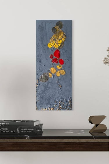 Oeuvre d'art abstraite rouge et jaune sur fond gris sur MDF