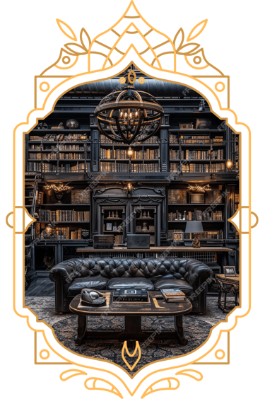 a library with a leather sofa in a victorian frame
