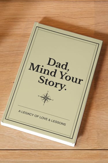 A personalized guided journal titled Dad, Mind Your Story on a wooden table, perfect for a legacy gift.