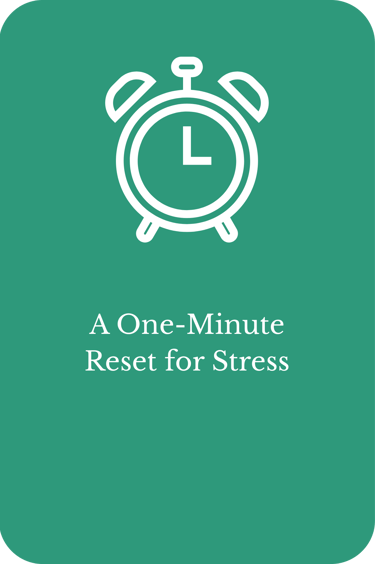 White alarm clock icon on a green background for a one-minute stress relief reset.