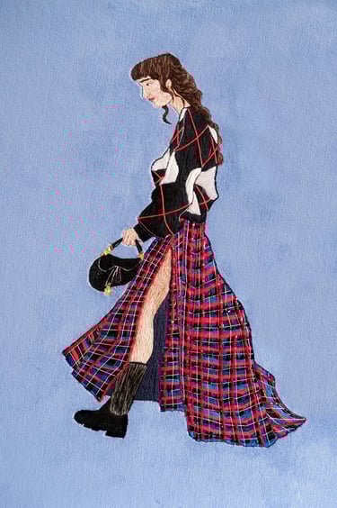 Embroidery artwork of a fashion illustration ; a woman is walking with Dior bag and kilt skirt 