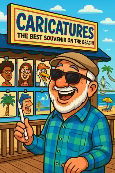 Cartoon of a funny, old man with a digital pencil in front of a Caricature Art booth at the beach.