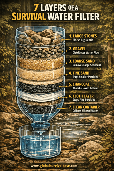 survival water filter layers infographic charcoal sand gravel globalsurvivalbase