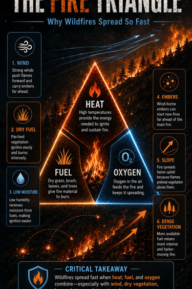 An infographic titled The Fire Triangle explaining how heat, fuel, oxygen, and wind cause wildfires to spread.