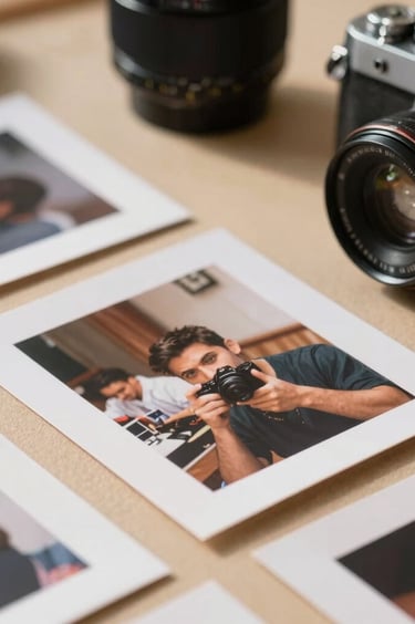 A close-up photograph of a photographer's workspace in North America, featuring printed candid shots and a vintage camera. Sun-drenched lighting pours over a Soft Sand surface, creating a professional and warm storytelling vibe.