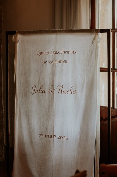 panneau d'accueil mariés en tissu sur coton