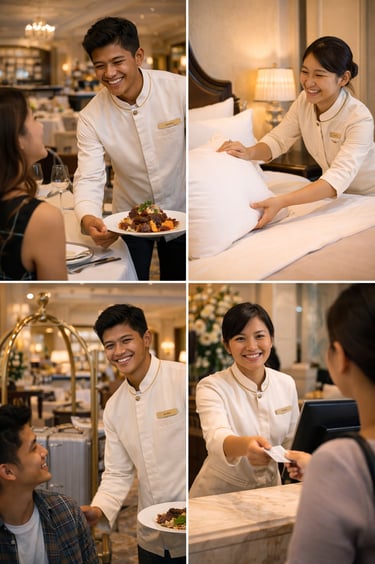 Professional hotel staff providing luxury hospitality services in a restaurant, guest room, and reception desk.