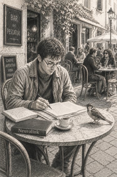 Illustrazione di un giovane ricercatore che scrive al tavolino di un bar con un passero, ambientazio