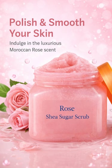 Jar of Moroccan Rose Shea Sugar Scrub with pink roses for exfoliating and smoothing skin.