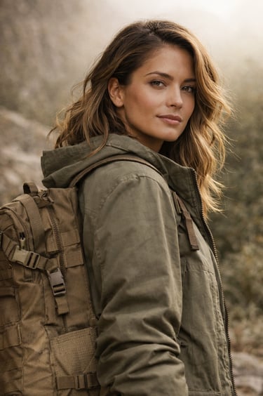 Portrait of a woman wearing an olive green tactical field jacket and a tan hiking backpack outdoors.