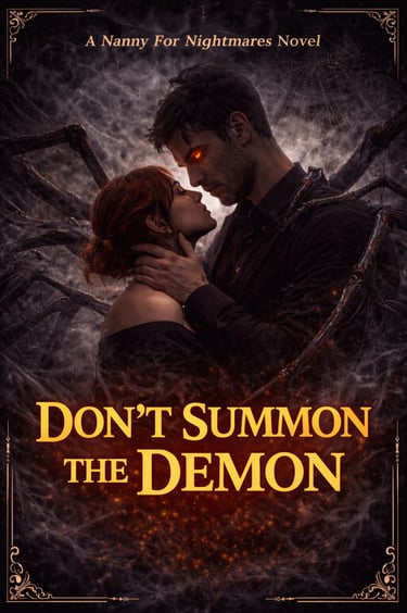 Dark fantasy romance book cover for Don't Summon the Demon featuring a couple and spider legs.