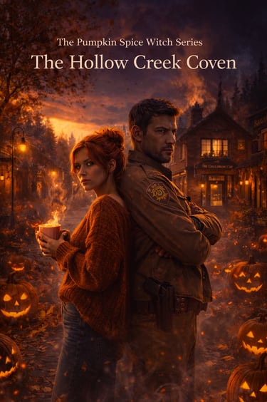 Fantasy book cover for The Hollow Creek Coven featuring a witch and sheriff in a spooky pumpkin town.