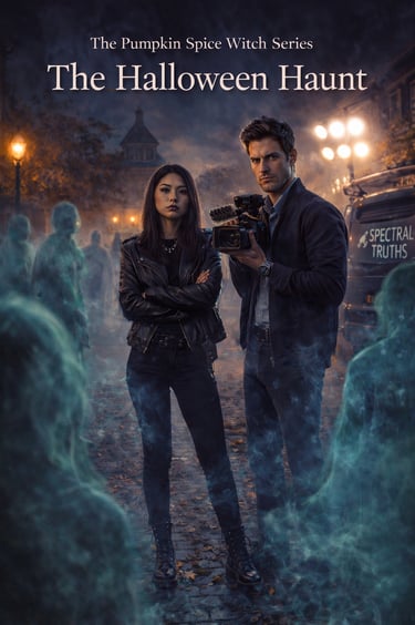 The Halloween Haunt book cover featuring a paranormal investigation team surrounded by ghosts.