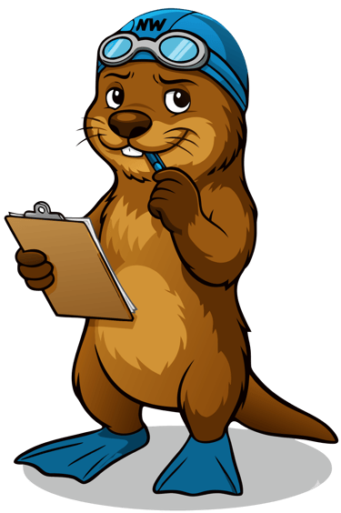 Ollie de mascotte van NextWave in Liedekerke met een pen en klembord.