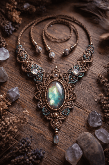 Collar de macramé hecho a mano con piedra labradorita y cristales sobre un fondo de madera rústica.