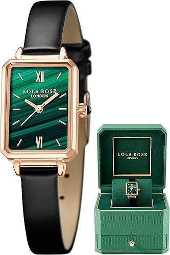 Lola Rose London women's watch featuring a green malachite dial, rose gold case, and black leather strap.
