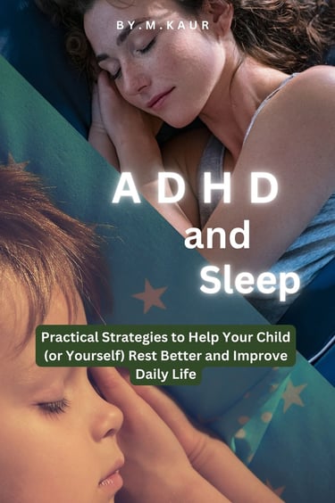 Book cover for ADHD and Sleep featuring a woman and child sleeping peacefully with practical strategies for rest.