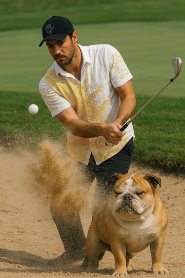 A golfer hits a ball out of a sand trap while spraying his lovable pet with a sand blast.