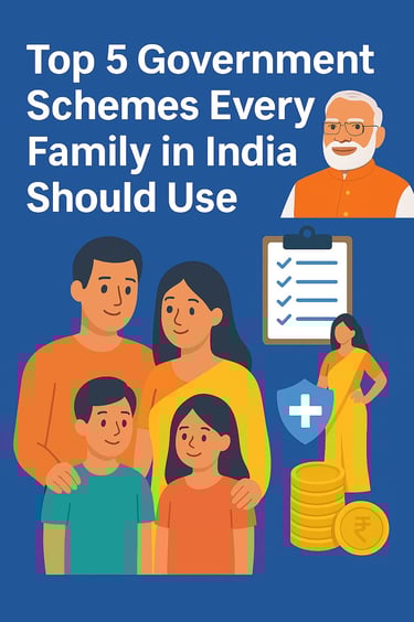 Indian family with checklist, gold coins, shield, and PM Modi doodle showing top schemes in India.