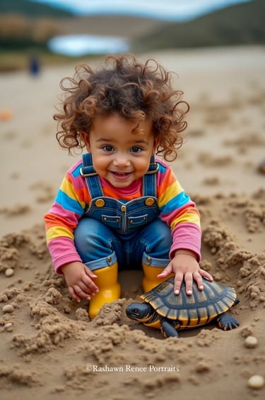a baby girl in overalls and boots, playing in the sand