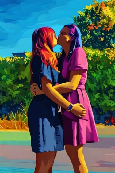 Digital art of a lesbian couple sharing a romantic kiss outdoors in a lush garden setting.