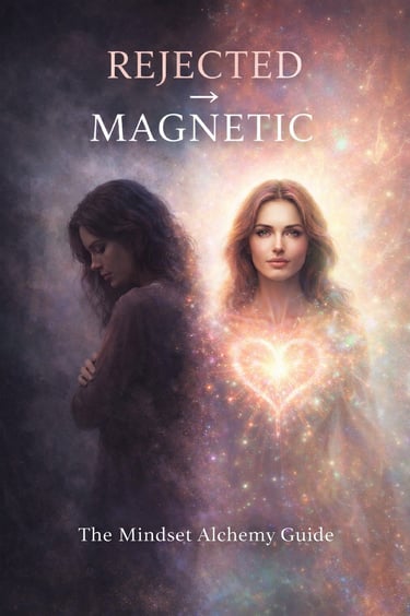 Rejected to Magnetic book cover showing a woman's transformation through mindset alchemy and self-love.