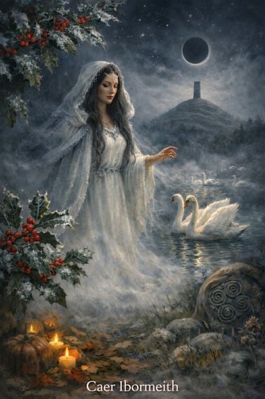 Caer Ibormeith arriving at Samhain beneath a new moon, guarded by holly and swans at the threshold of dream and slumber.