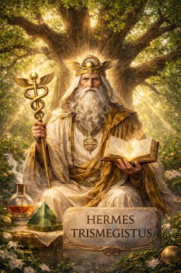 Hermes Trismegistus beneath the sacred oak, bearer of divine knowledge, uniting nature, wisdom, and spiritual law.