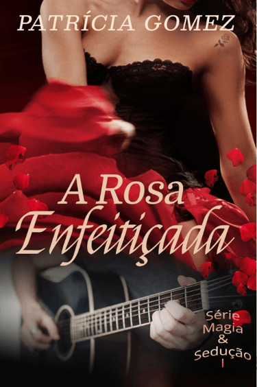 uma mulher de vestido vermelho com um violão