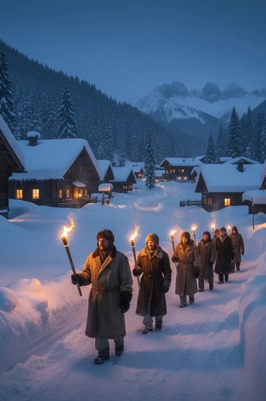 A group of people in winter coats walking through a snowy alpine village at dusk, carrying glowing t