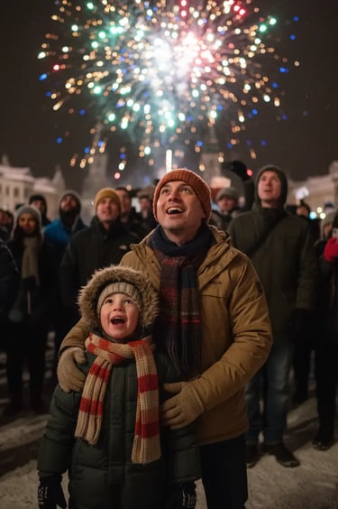 A man and a young child in winter clothing looking up in awe at a colorful firework display during a