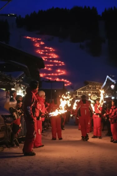 A group of people in red ski suits holding burning torches during a night procession in Zell am See,