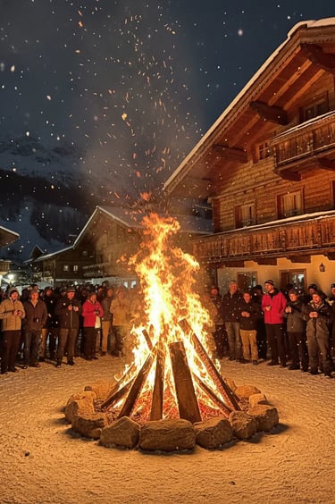 A large, roaring bonfire surrounded by a crowd of people in front of a traditional wooden alpine cha