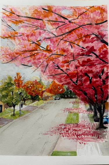 a painting of a tree with red flowers
