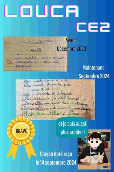 Voici le diplôme donné à Louca à la fin de sa rééducation de graphopédagogie.