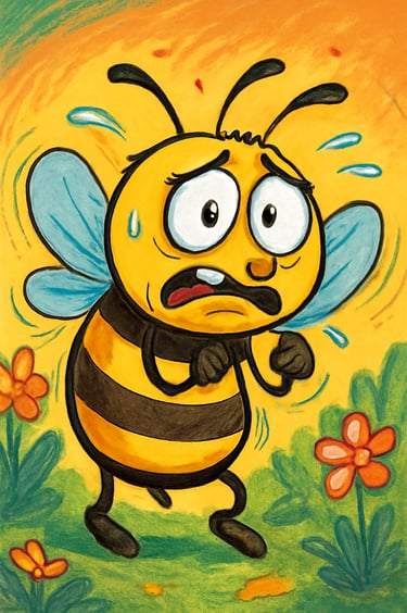 An anxious animated bee sweating and looking scared. 