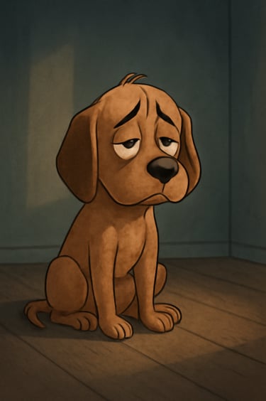 A depressed animated dog in a grim enviourment. The Dog seems to be sad. 