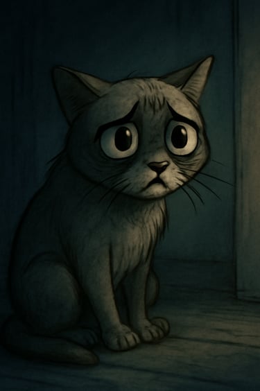 A grim image of a cat in a dark enviournment. The image seems to be negitive and dark. 