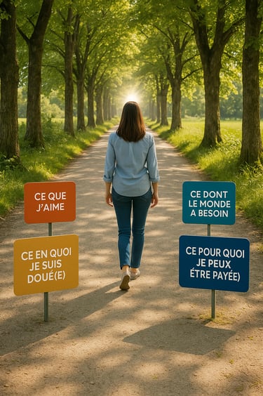 Femme avance vers sa trajectoire professionnelle en construisant son IKIGAI