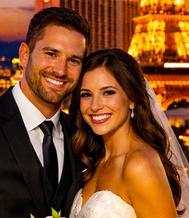 A happy bride and groom posing for a wedding photo with the Las Vegas Strip skyline and Eiffel Tower at night.