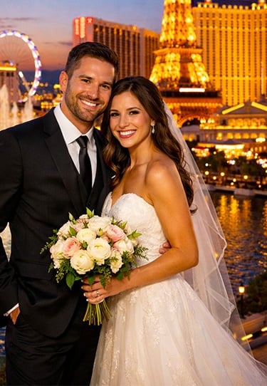 A smiling bride and groom pose at a Las Vegas wedding with the Eiffel Tower and fountains in the background.