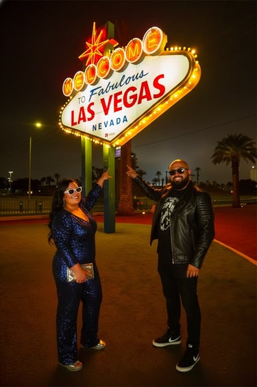 A smiling couple posing and pointing at the iconic Welcome to Fabulous Las Vegas Nevada sign at night.