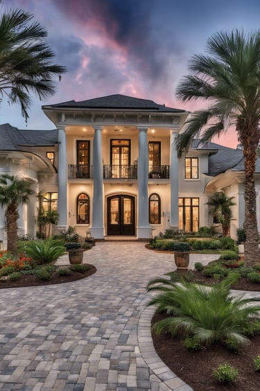 Luxury white mansion with palm trees and a paved driveway under a sunset sky.