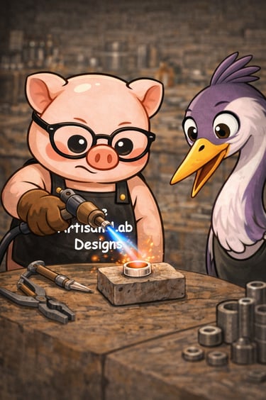 The Artisan Lab Designs mascot Milo and Lyrais softening and quenching the silver to shape its form