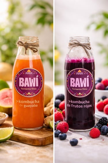 Dos frascos de kombucha de frutos rojos y guayaba de la marca Bawí.