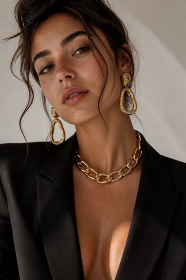 A woman wearing a black blazer and bold gold chain necklace with matching drop earrings.