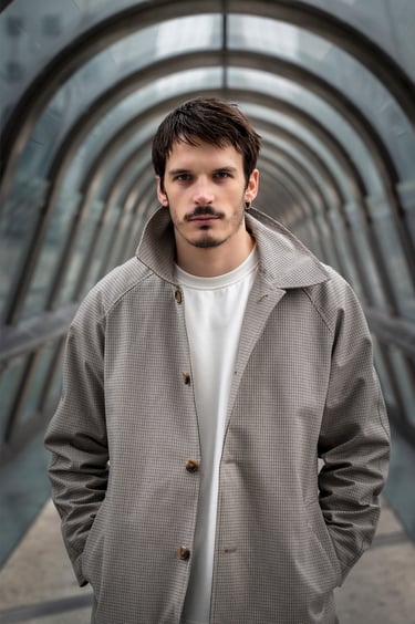 Portrait d’un modèle masculin dans la passerelle vitrée de La Défense à Paris, ambiance urbaine et symétrique.