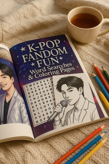 k-pop fandom fun, k-pop word search, k-pop coloring book, k-pop activity book, unofficial fan puzzle book, fantasy hunt