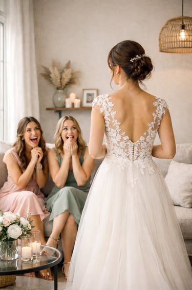 a bridesmaid in a wedding dress standing in front of a couch
